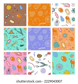 Colorful medical seamless patterns set with cute doodle bacteria, microbes, and DNA for cover pills, medicine labels and drug package