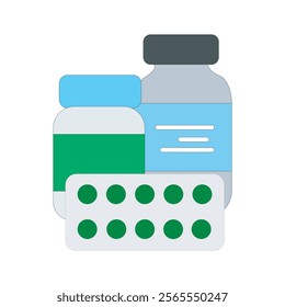 Colorful medicine bottles and pills blister pack illustration