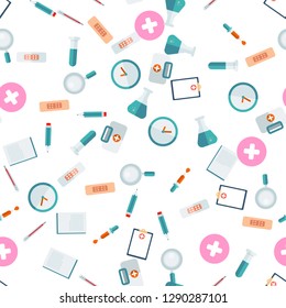 Colorful medicine seamless pattern with light flat medical elements and healthy icons vector illustration.
