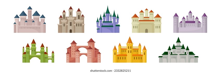 Colorful Medieval Castle with Stone Wall and Tall Towers Vector Set