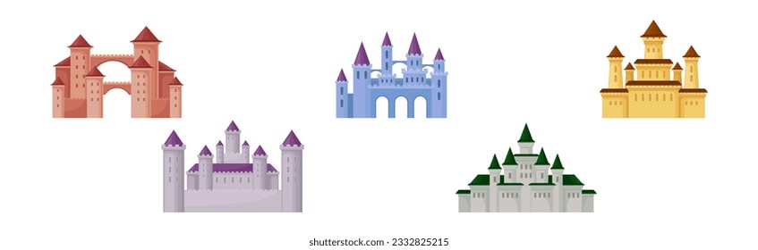 Colorful Medieval Castle with Stone Wall and Tall Towers Vector Set
