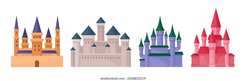 Colorful Medieval Castle with Stone Wall and Tall Towers Vector Set