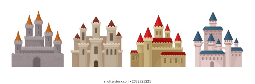 Colorful Medieval Castle with Stone Wall and Tall Towers Vector Set