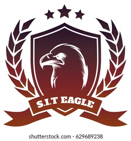 Colorful medieval coat of arms with engraving eagle isolated on white background. Vector illustration