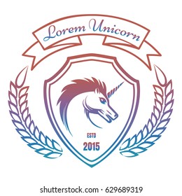 Colorful medieval coat of arms with unicorn isolated on white background. Vector illustration