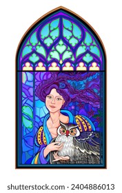 Colorful medieval stained glass window. Gothic architectural style. Illustration of the beautiful fairy. Architecture in France churches. Middle ages in Western Europe. Vector drawing.
