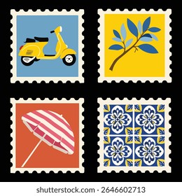 Colorido quarteto de selos mediterrânicos. Trotinette Vespa amarelo, primavera do ramo de oliveira, guarda-chuva de praia listrada e azulejo azul padrão dentro vintage quadros perfurados
