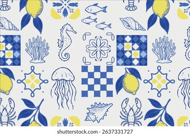Colorful Mediterranean style pattern with lemons, sea creatures, corals, shells, and tile motifs in blue, yellow, and white. Perfect for summer or coastal themed designs. Vector illustration