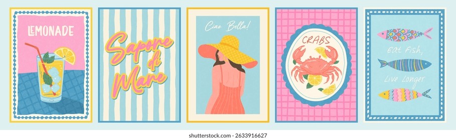 Colorful Mediterranean summer concept with lemonade, italian text on striped background, elegant woman in sunhat, crab, and decorative fish in vintage postcard style for coastal decor, vector illustra