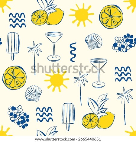 Colorful Mediterranean summer seamless pattern decorative hand drawn crab, lemons, palms. Cute floral seafood wallpaper, background, textile design. Vector Italian vacation print