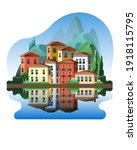 Colorful Mediterranean-style houses against the backdrop of mountains on the waterfront. Vector illustration on the theme of summer in Italy.