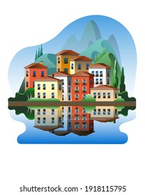 Colorful Mediterranean-style houses against the backdrop of mountains on the waterfront. Vector illustration on the theme of summer in Italy. svg