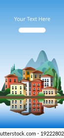 Colorful Mediterranean-style houses against the backdrop of mountains on the waterfront. Vector illustration on the theme of summer in Italy. svg