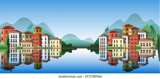 Colorful Mediterranean-style houses against the backdrop of mountains on the waterfront. Vector illustration on the theme of summer in Italy. Horizontal banner template.  svg