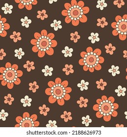 Colorful Medium Scale Hand-Drawn Floral Vector Seamless Pattern. Retro 70s Style Nostalgic Daisies. Fashion Textile Bold Background. Summer Resort Print. Flower Power