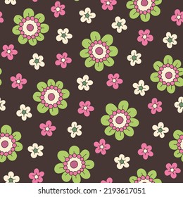 Colorful Medium Scale Hand-Drawn Floral Vector Seamless Pattern. Retro 70s Style Nostalgic Daisies. Fashion Textile Bold Background. Summer Resort Print. Flower Power