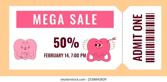 Colorful mega sale coupon. Cute heart character in retro groovy style. Offer details, barcode, admit one and other. Flat vector illustration, horizontal banner, poster