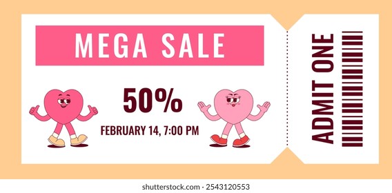 Colorful mega sale coupon. Cute walking heart character in retro groovy style. Offer details, barcode, admit one and other. Flat vector illustration, horizontal banner, flyer, poster