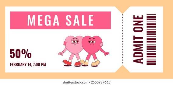 Colorful mega sale coupon. Cute couple heart character in retro groovy style. Offer details, barcode, admit one and other. Flat vector illustration, horizontal banner, flyer, poster