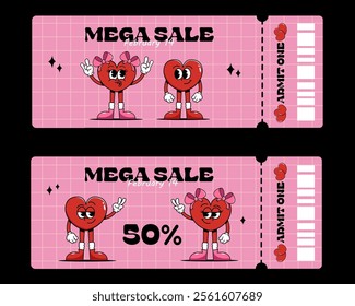 Colorful mega sale coupon. Two cute hearts boy and girl. Heart character in retro style. Barcode flat vector illustration, horizontal banner, flyer, poster