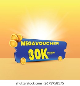 Colorful Mega Voucher Vector Design with Discount Offer and Coins