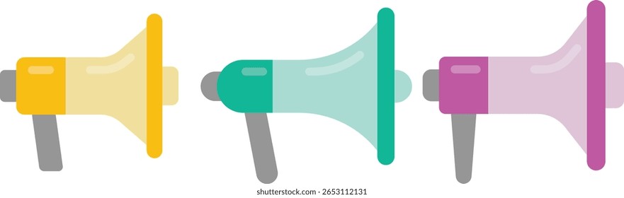 Colorful megaphone vector icons set in flat style, yellow green and pink loudspeakers for promotion, media communication, public speaking and marketing campaigns