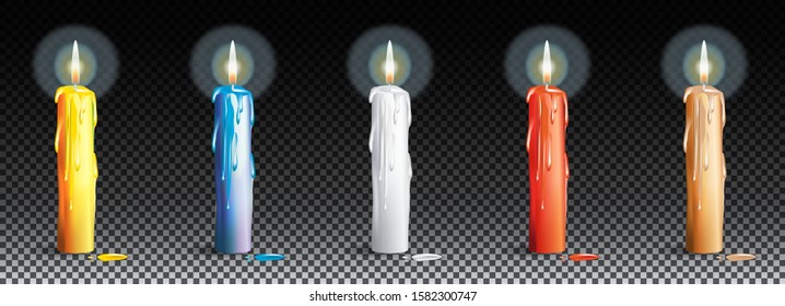 Colorful melting candles glowing isolated on transparent background in vector illustration