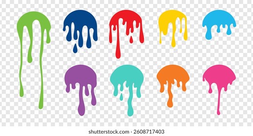 Colorful melting dripping paint circles. Paint round splashes with drops, liquid shape, stains on transparent background. Colorful paint fluid