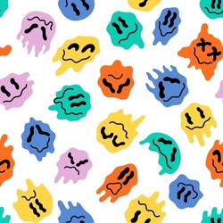 Colorful Melting Faces Print, Drip Quirky Face With Black Eyes And Psychedelic Smile. Retro Drugs Illusion Seamless Pattern. Swanky 70s 80s Fashion Vector Background