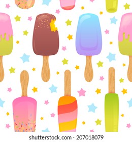 Colorful melting ice-cream seamless pattern on stars background
