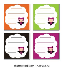 Colorful memo paper with cute bat girls vector cartoon illustration for halloween card design, stationery paper and postcard