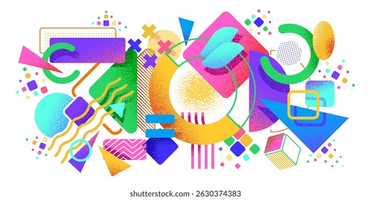 Colorful Memphis abstract shapes background. Minimalistic geometric forms vector backdrop, abstract graphic shape figures cover background or futuristic wallpaper with vibrant color elements