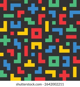 Colorful memphis block line seamless pattern in black background