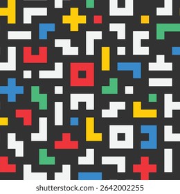 Colorful memphis block line seamless pattern in black background