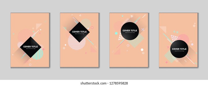 Colorful memphis cover collection pattern with white, and geometrical shapes on background. Variegated first page cover assortment. Colorful memphis style background for corporate purpose.