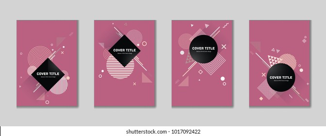 Colorful memphis cover collection vector with white, pink and red geometrical shapes on magenta background. Variegated first page cover kit. Colorful memphis style illustration for marketing purpose.