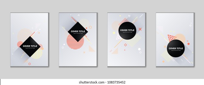 Colorful memphis cover kit. Cool memphis template front page set with white, pink and shapes, isolated on light background. Memphis style cover pattern assortment for corporate purpose.
