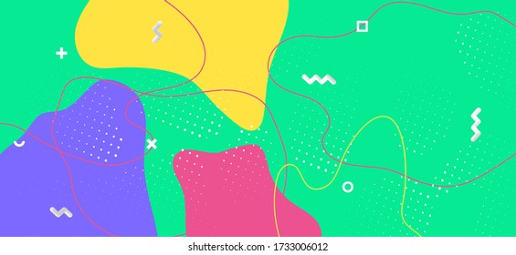 Colorful Memphis Cover. Modern Geometric Composition. Futuristic Wave Ornament. Multicolor Funky Collage. Memphis Page. Summer Abstract Decoration. Bright Funky Pattern. Memphis Banner.