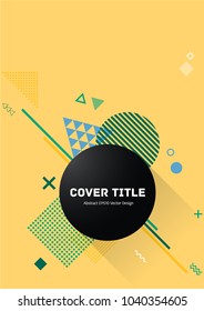 Colorful memphis design placard pattern with white, green, blue and orange shapes on yellow background. Cool memphis tile placard page. Front page vector for school notebook, dairy or notepad.