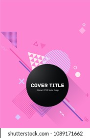 Colorful memphis design placard pattern with white, violet and purple shapes on background. Cool memphis template placard page. Front page vector for school notebook, dairy or notepad.