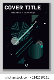 Colorful memphis design placard vector with white, blue, red and green shapes on dark background. Cool memphis template placard page. Front page illustration for student notebook, dairy or notepad.