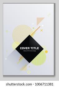 Colorful memphis front cover vector with white, orange and yellow geometrical shapes. Minimalistic front page theme. Colorful title page backdrop for journalistic notebook, dairy or notepad.