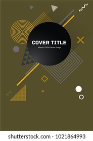 Colorful memphis front cover vector with white, orange, grey and black geometrical shapes on brown background. Front page tile. Colorful title page background for college notebook, dairy or notepad.
