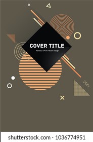 Colorful memphis notepad cover vector. Cool memphis texture front page with white, orange, beige and yellow geometrical shapes on brown background. Memphis cover vector for journalistic purpose.