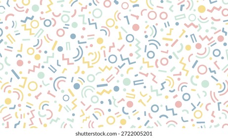 Bunte Memphis Muster mit geometrischen Formen und Linien auf weißem Hintergrund für kreative Design-Elemente mit Grafik und abstrakten und Kunst und Stil und Pastellfarben