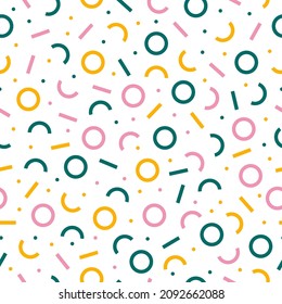 Colorful memphis seamless pattern with white background.