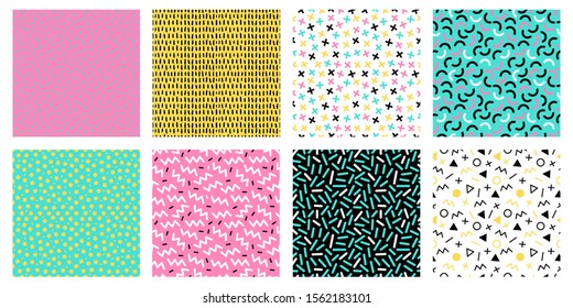 Colorful memphis seamless patterns. Fashion 80s mosaic texture, color retro textures and geometric lines and dots pattern. 90s hipster memphis wallpaper. Isolated vector icons set