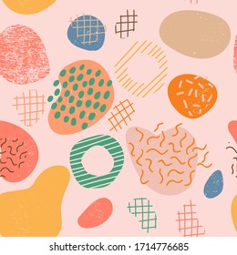 Colorful Memphis style messy abstract seamless pattern with uneven textured round stains, spots, geometrical shapes on pastel background. Vector illustration. 