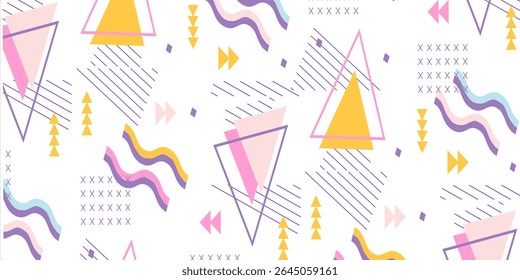 Fundo estampado sem costura estilo Memphis colorido. Perfeito para imagens de fundo, cenários, papéis de parede e embrulho de presente.