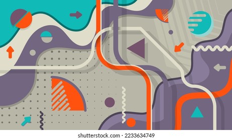 Colorful memphis style wallpaper with 3D effect. Textured geometric objects, overlapping broken stripes and wavy shapes on a gradient background. Vector.